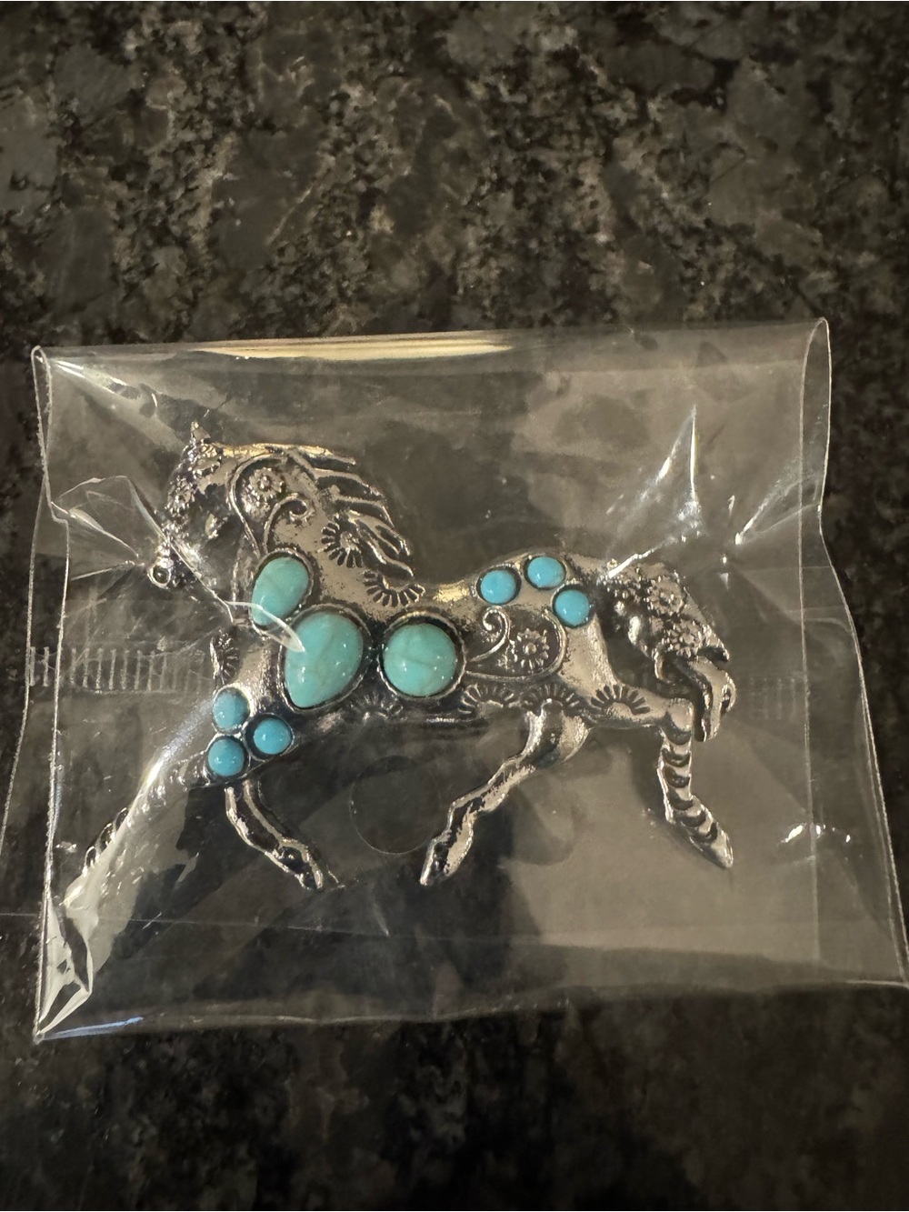 Turquoise Accent Silver Horse Brooch